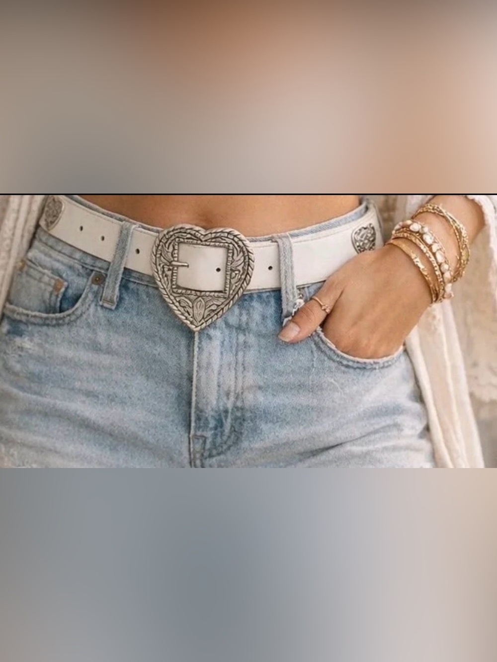Revolve White Belt Silver Hearts Vegan Leather - Picture 1 of 3